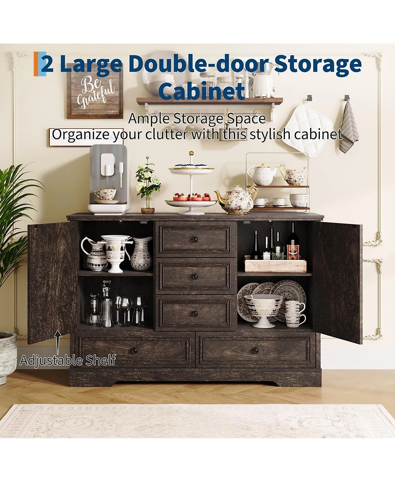 homfan Farmhouse Sideboard Buffet Cabinet with 5 Drawers and 2 Doors Coffee Bar Console Table for Dining Room Living Entryway