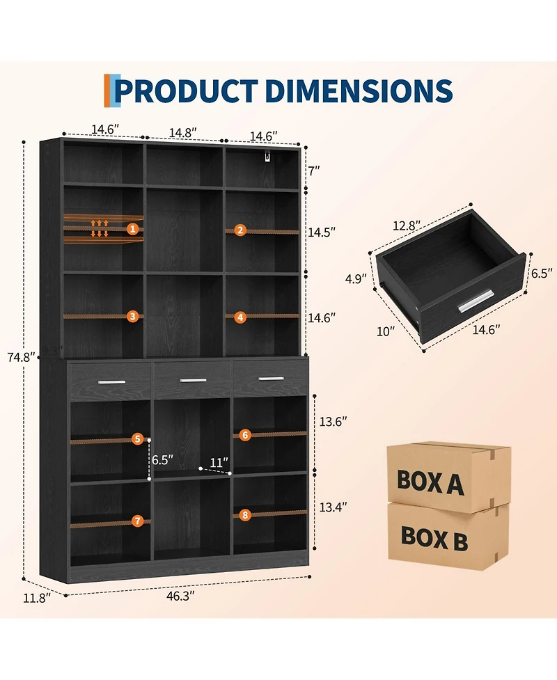 homfan 75" Tall Bookcase with Drawers, 9-Tier Adjustable Shelves, Farmhouse Wood Bookshelf for Living Room and Office