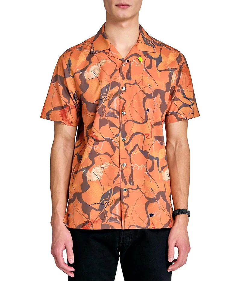 Society of Threads Men's Regular Fit 4-Way Stretch Performance Abstract Line Short Sleeve Button Down