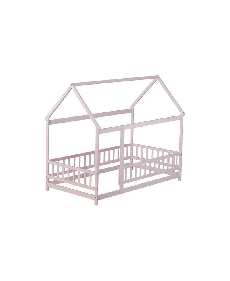 Streamdale Furniture Twin Size House Floor Wooden Bed with Roof Frame Safety Guardrails