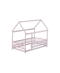 Streamdale Furniture Twin Size House Floor Wooden Bed with Roof Frame Safety Guardrails