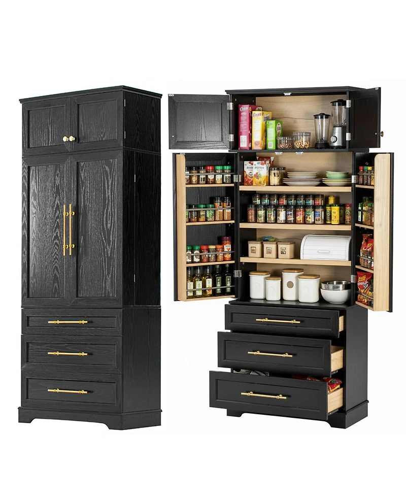 Streamdale Furniture 78.2'' Farmhouse Kitchen Pantry Cabinet with 8 Door Shelves and 3 Drawers Ash