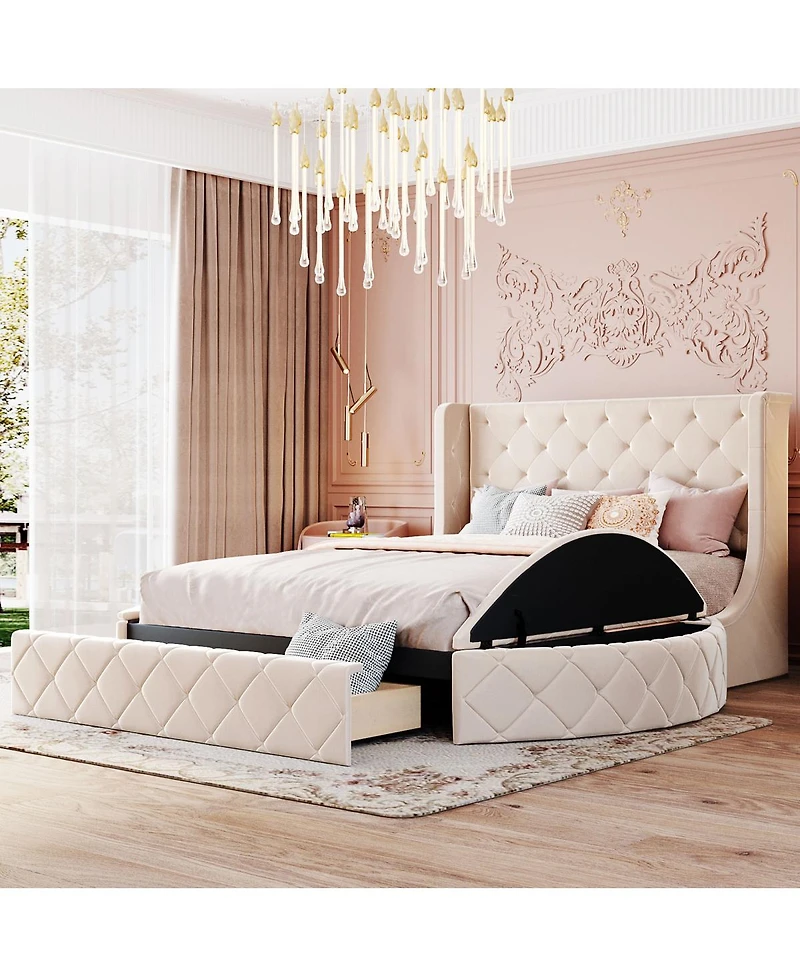 Streamdale Furniture Velvet Upholstered Platform Bed with Storage Drawer and 2 Side Stools
