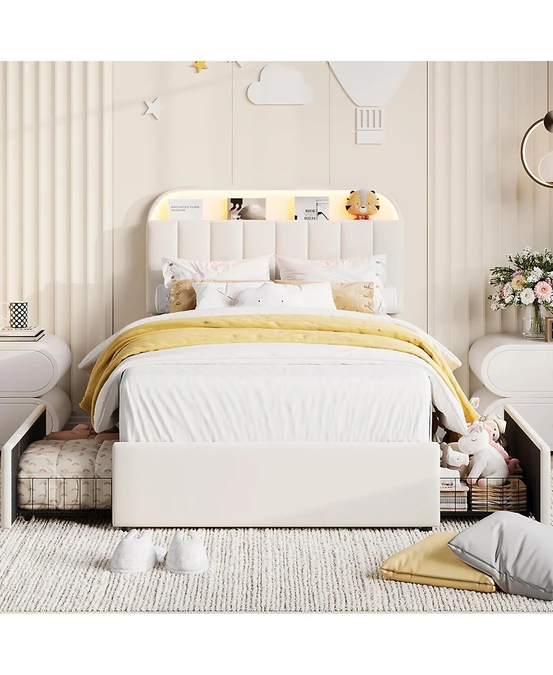 gaomon Twin Size Bed Frame with 2 Flexible Drawers, Upholstered Platform Bed Frame with Bookcase Headboard and Led Lights, Kids Bed
