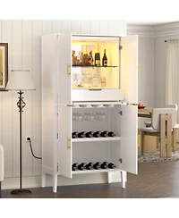 Streamdale Furniture Modern Fluted 4-Door Wine Cabinet with Glass Display and Stemware Rack