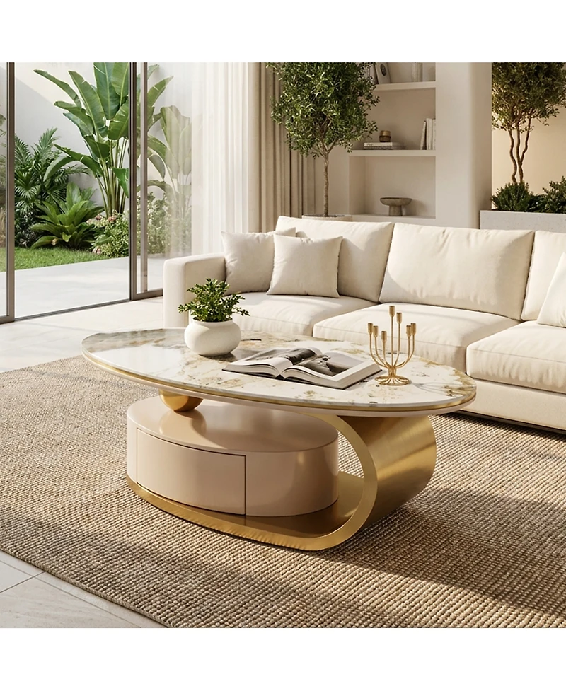 Streamdale Furniture 51.18'' Luxury Oval Coffee Table with Drawer Glass Top and Gold Stainless Frame