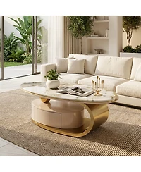 Streamdale Furniture 51.18'' Luxury Oval Coffee Table with Drawer Glass Top and Gold Stainless Frame