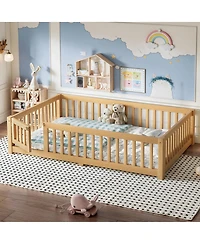 Streamdale Furniture Full Size Bed Floor Bed with Safety Guardrails and Door for Kids
