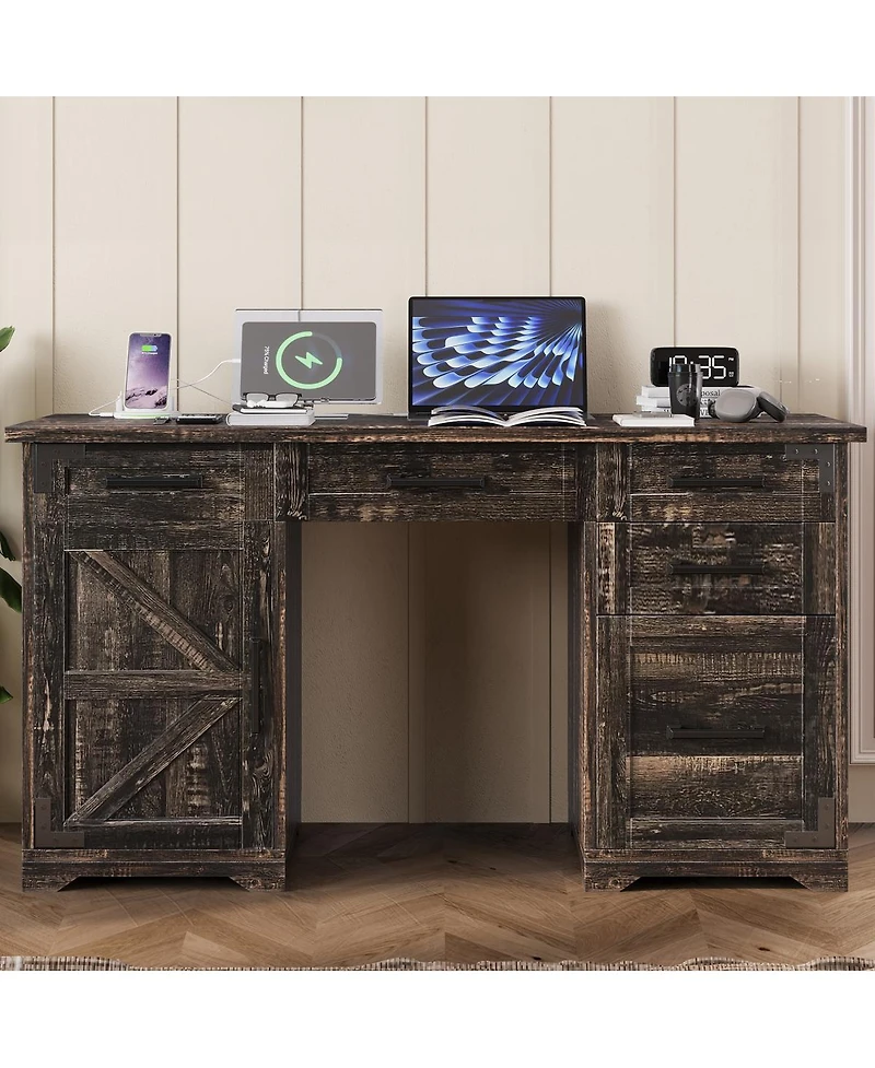 Streamdale Furniture 55'' Farmhouse Executive Desk with Charging Station 5 Drawers and Cabinet