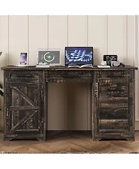 Streamdale Furniture 55'' Farmhouse Executive Desk with Charging Station 5 Drawers and Cabinet
