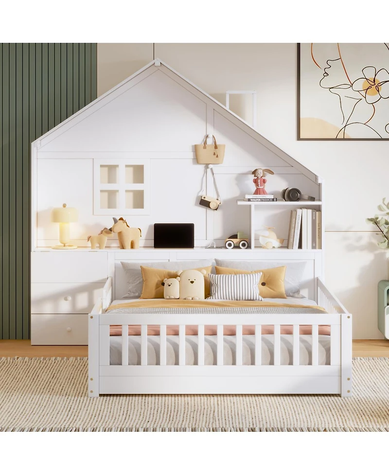 Streamdale Furniture House Bed with Storage Shelves and Usb Charging Port