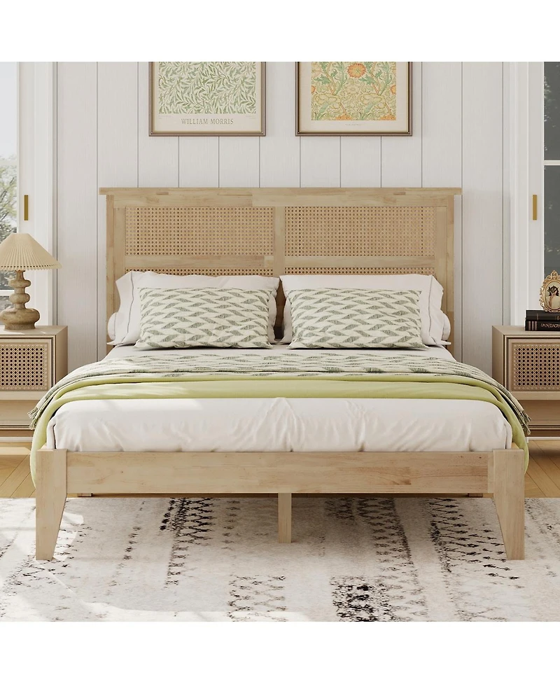Streamdale Furniture Solid Wood Full Bed with Rattan Headboard and Central Support