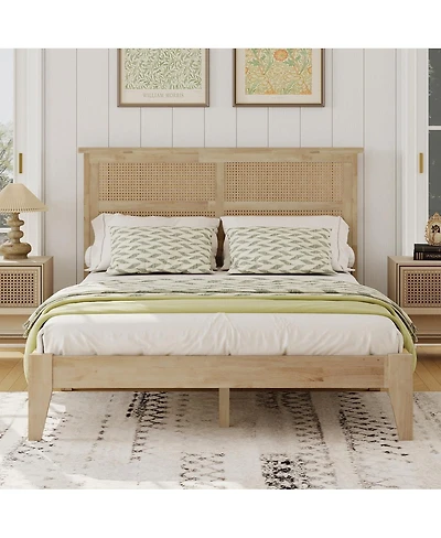 Streamdale Furniture Solid Wood Full Bed with Rattan Headboard and Central Support