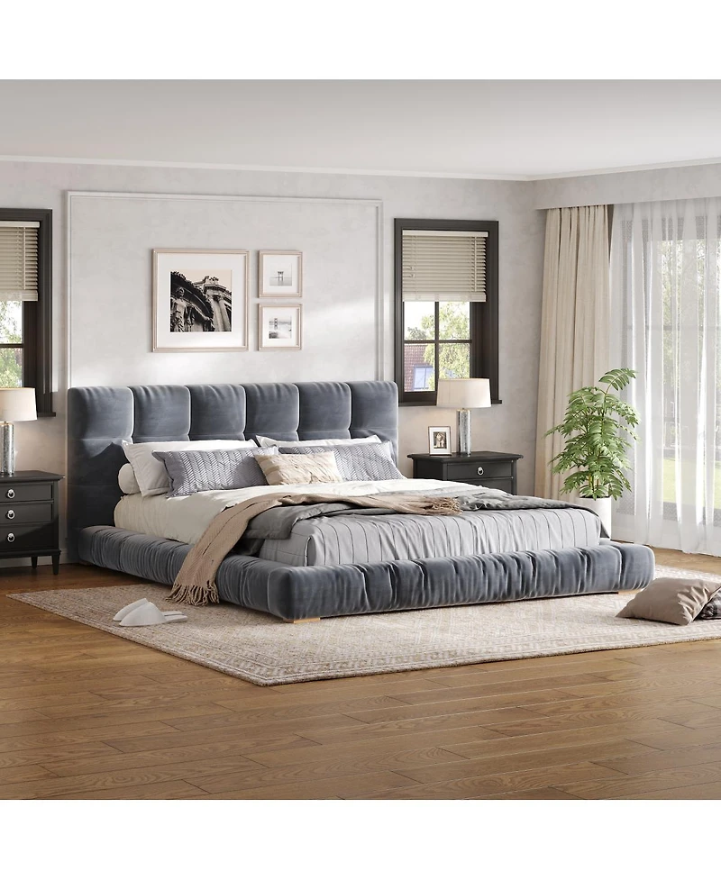 Streamdale Furniture Size Channel Tufted Velvet Platform Bed Frame