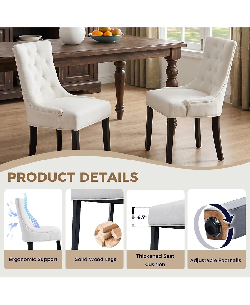 Streamdale Furniture Modern Tufted Linen Dining Chairs with Solid Wood Legs Set of 2