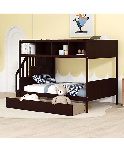 Streamdale Furniture Twin over Full Bunk Bed with Shelfs Storage Staircase and 2 Drawers Espresso