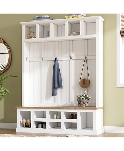 Streamdale Furniture Farmhouse Hall Tree with Storage Bench Shoe Cabinet and 6 Coat Hooks