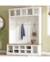 Streamdale Furniture Farmhouse Hall Tree with Storage Bench Shoe Cabinet and 6 Coat Hooks