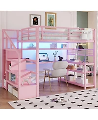 Streamdale Furniture Full Size Metal Loft Bed with Staircase Desk Wardrobe and Led Lights