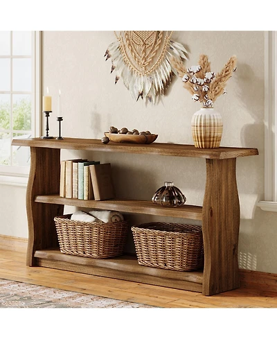 Tribesigns 63" Solid Wood Console Table, Farmhouse Entryway Table with 2-Tier Storage Shelf, Rusti Sofa Table
