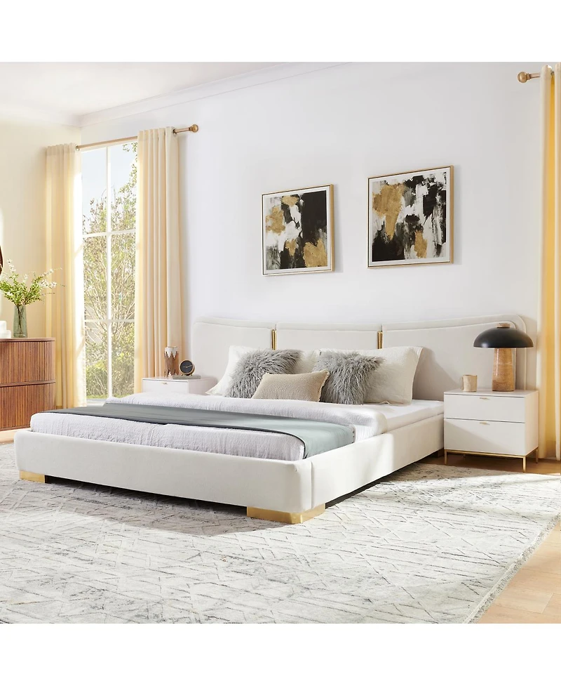 Streamdale Furniture Queen Size Extra Large Chenille Platform Bed with Curved Headboard