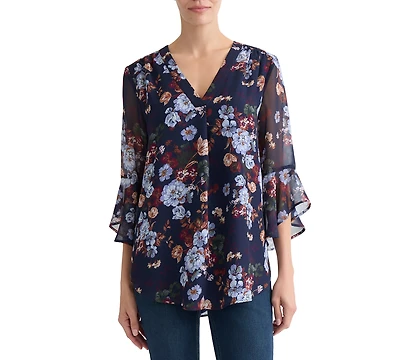 Jones New York Women's V-Neck Printed-Flutter Sleeve Top