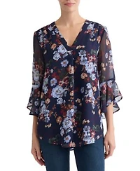 Jones New York Womens V Neck Printed Flutter Sleeve Top