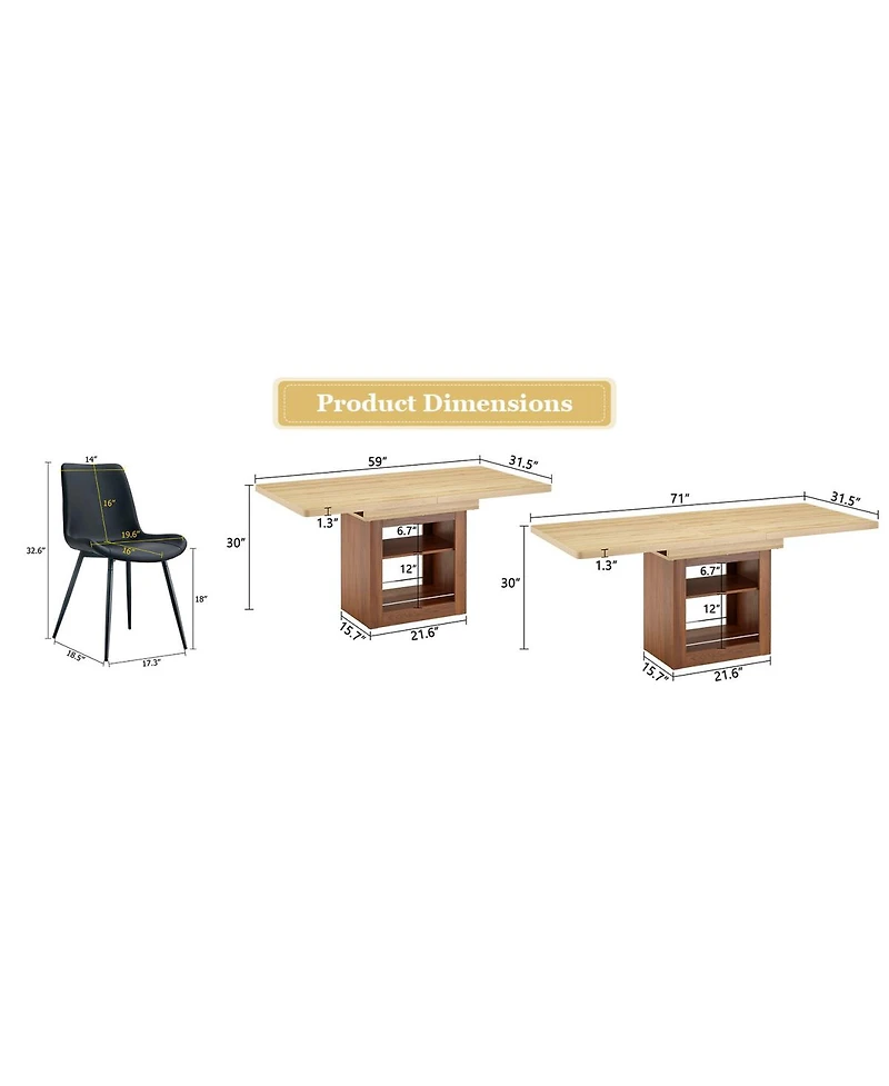 Streamdale Furniture 6-Piece Scalable Dining Table and Chair Set 59-71 Inch Extendable Table