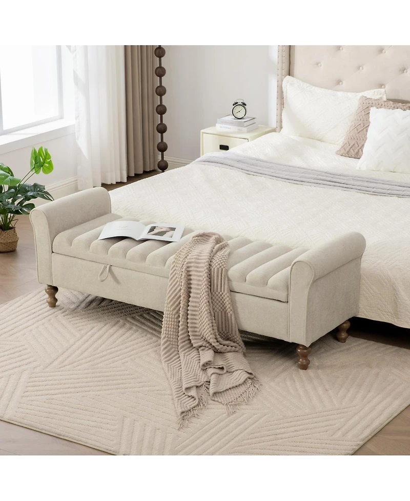 Streamdale Furniture Modern Upholstered Storage Bench with Rolled Arms Greige