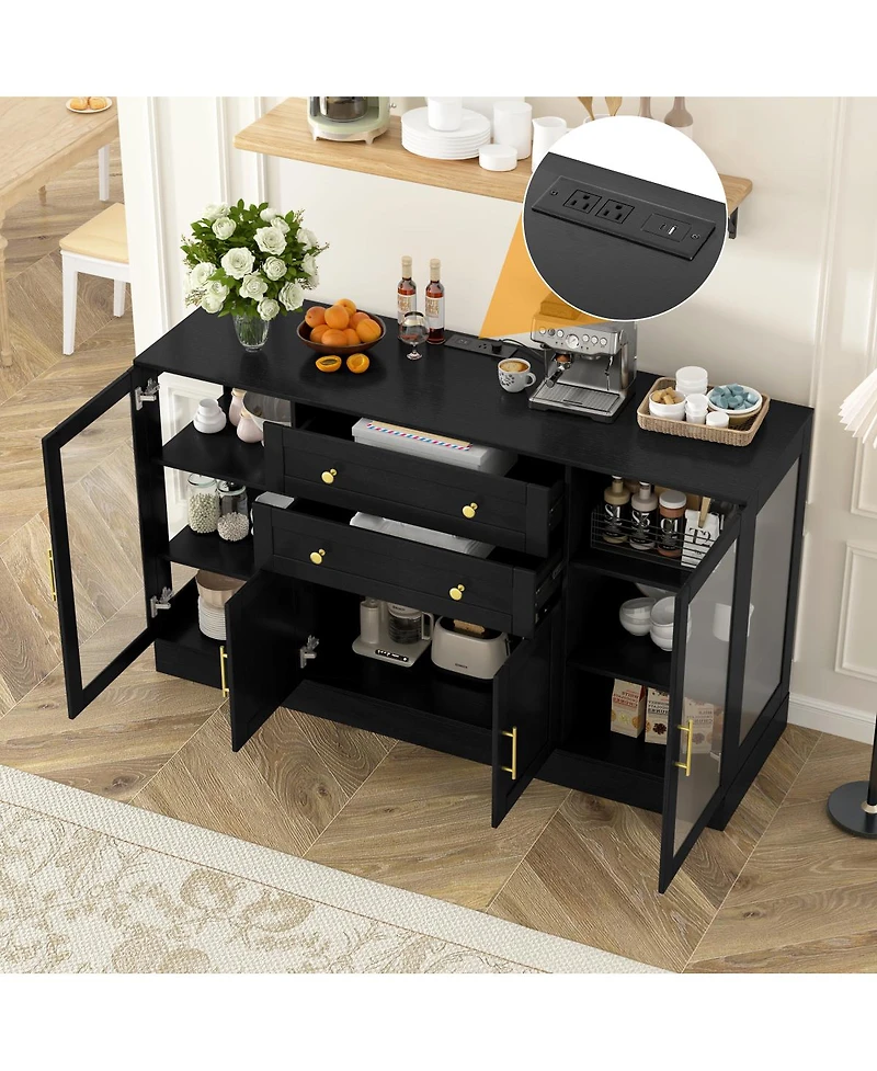 Streamdale Furniture U-Style 58.3'' Modern Buffet Sideboard with 4 Doors 2 Drawers and Power Outlet