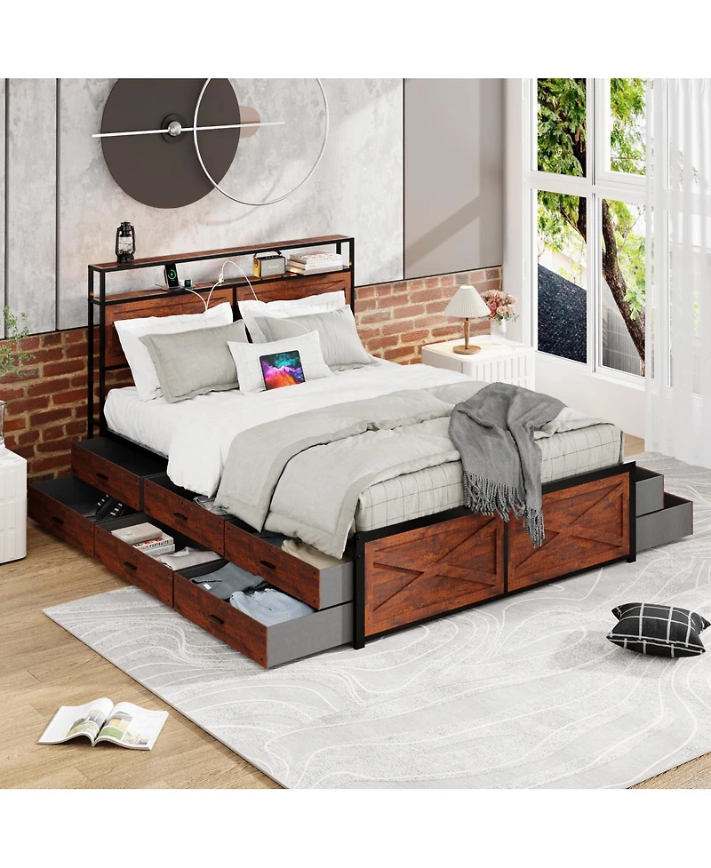 Streamdale Furniture Queen Bed Frame with Storage Headboard 12 Drawers and Led Lights