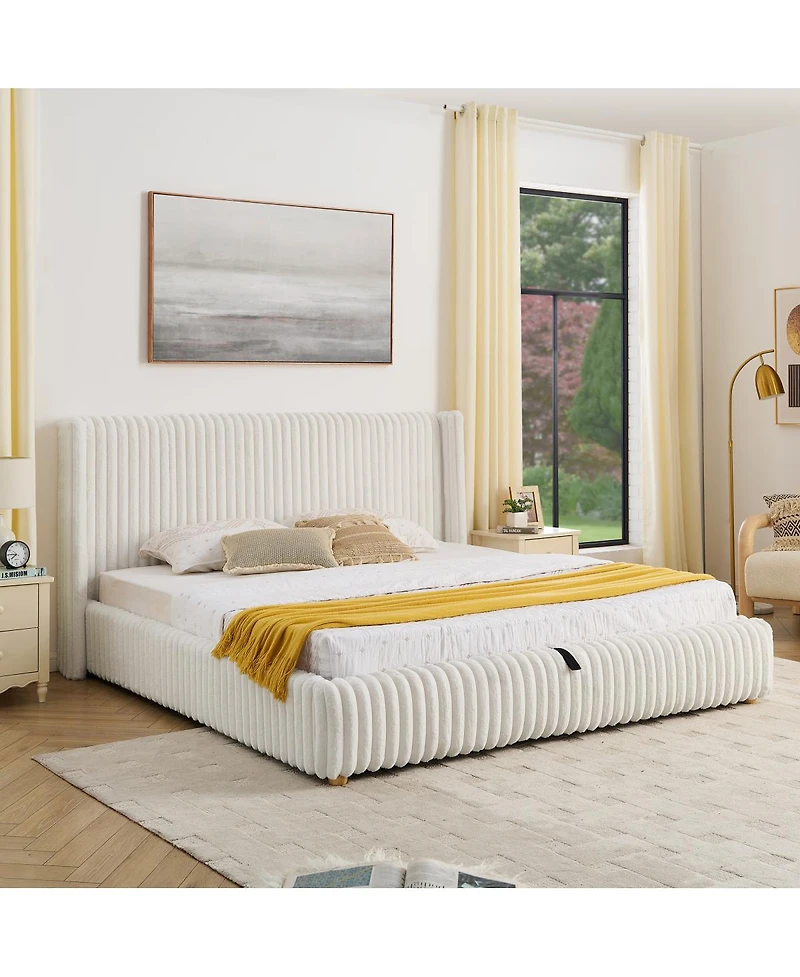 Streamdale Furniture Functional Striped Gas Lift Storage Bed Luxury Rabbit Fur Upholstered