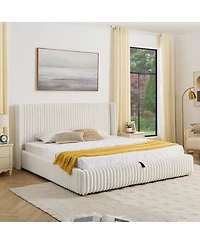 Streamdale Furniture Functional Striped Gas Lift Storage Bed Luxury Rabbit Fur Upholstered