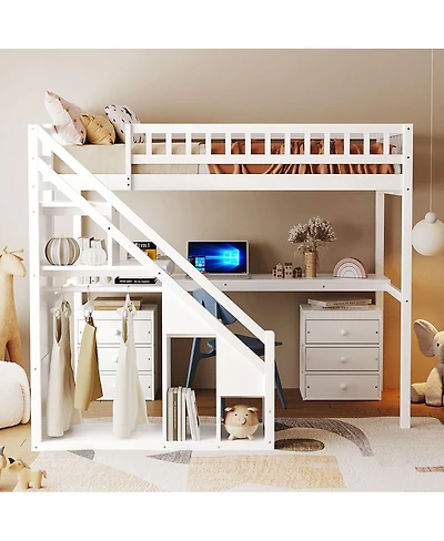 Streamdale Furniture Loft Bed with Two Chest of Drawers Desk and Light Strip