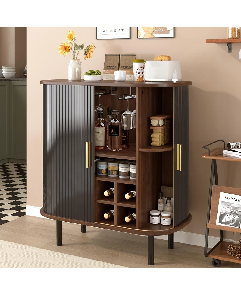 Streamdale Furniture 28'' Fluted Wine Bar Cabinet with Storage Adjustable Shelves and Tambour Doors
