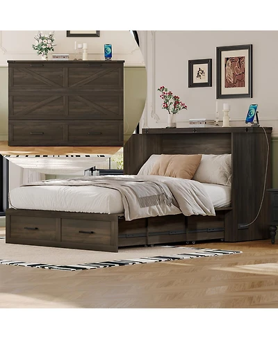 Streamdale Furniture Farmhouse Murphy Cabinet Bed with Charging Station and Storage Rustic