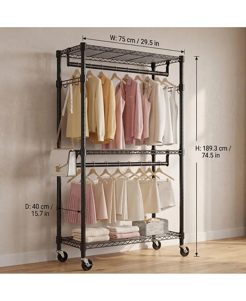 Streamdale Furniture Heavy Duty 3-Tier Rolling Garment Rack with 2 Rods and Side Hooks