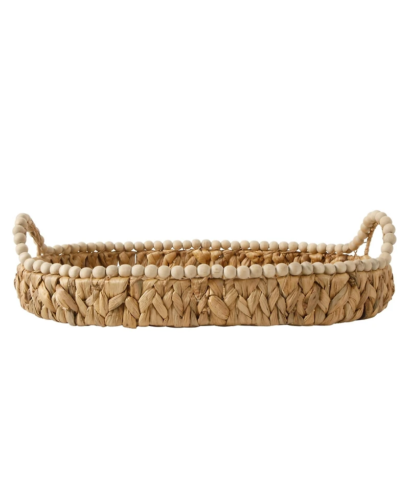 Gibson Home 17-Inch Woven Decorative Serving Tray – Large Natural Water Hyacinth Basket with Wood-Bead Trim and Handles