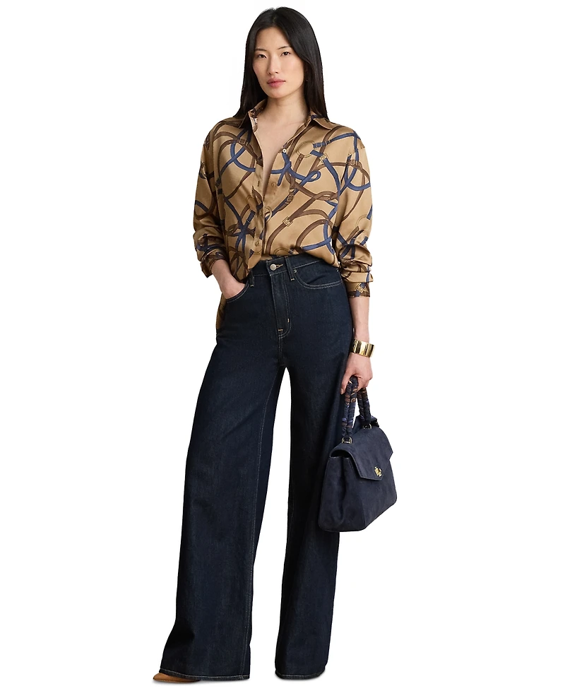 Lauren Ralph Petite Relaxed-Fit Belting-Print Twill Button-Up Top