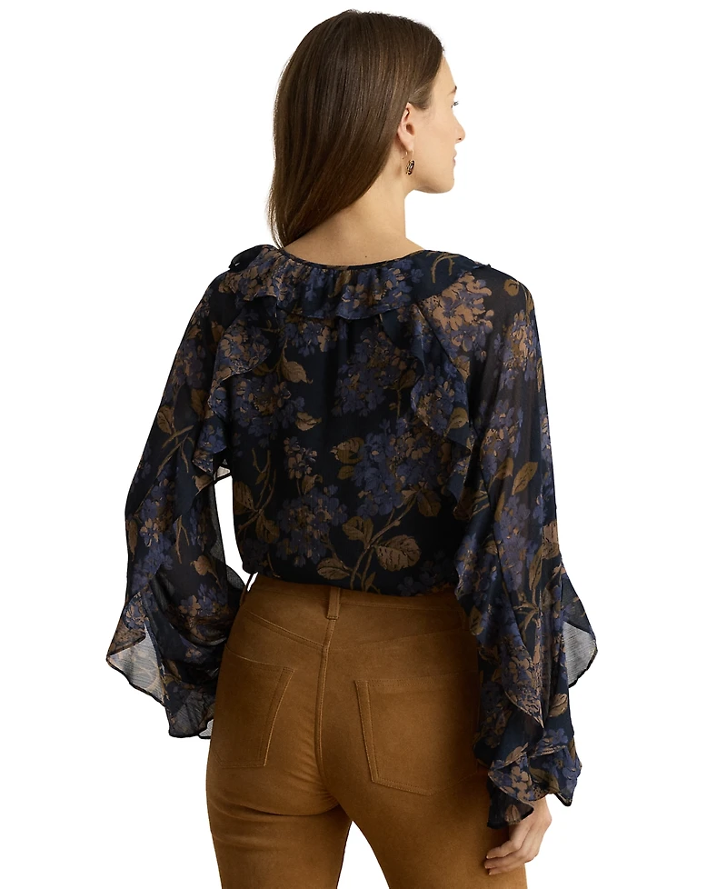 Lauren Ralph Petite Floral Crinkle Georgette Ruffle-Trim Tie-Neck Blouse