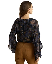 Lauren Ralph Petite Floral Crinkle Georgette Ruffle-Trim Tie-Neck Blouse