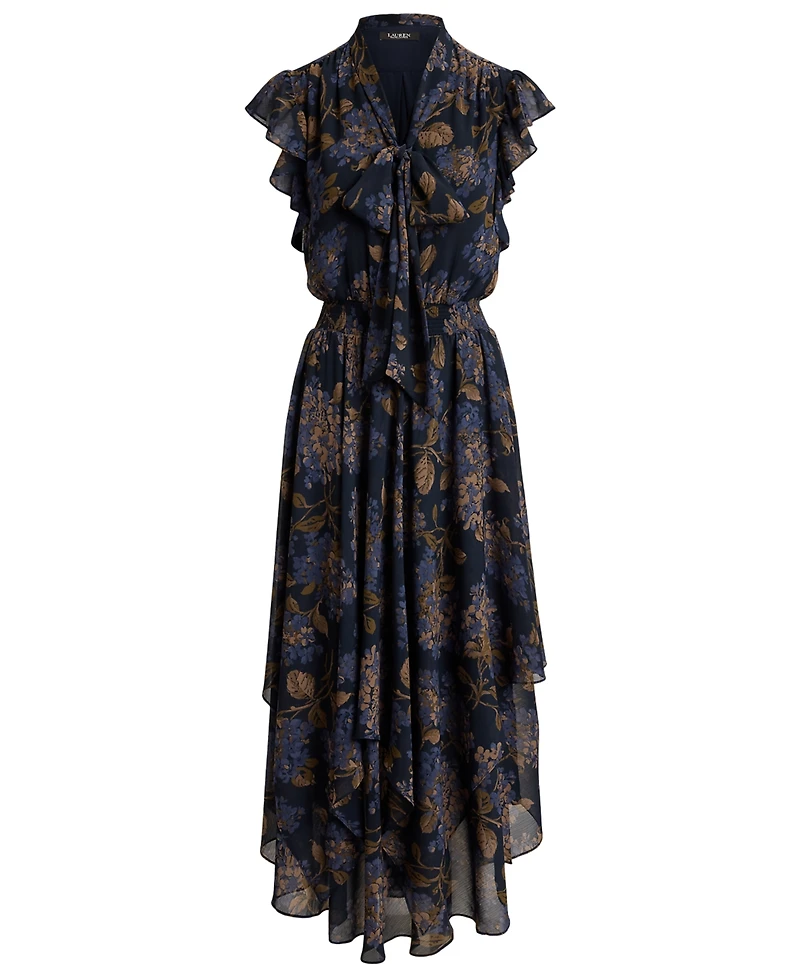 Lauren Ralph Petite Floral Crinkle Georgette Tie-Neck A-Line Dress