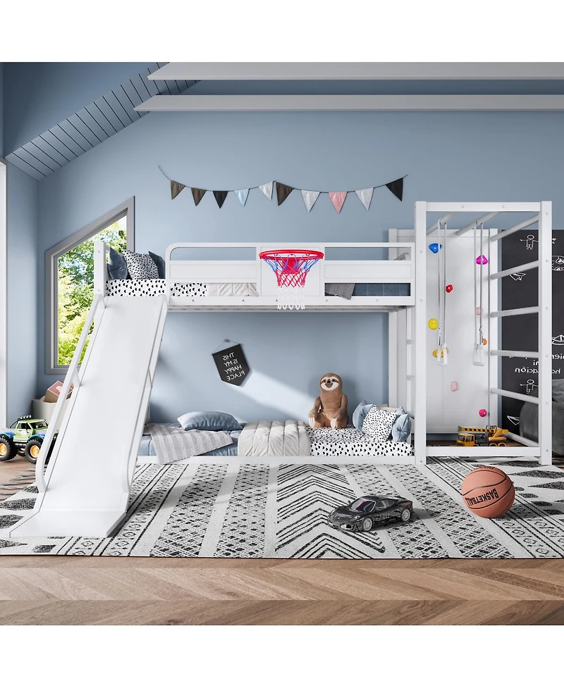 Streamdale Furniture Loft Bed with Basketball Hoop Climbing Wall Slide and Bookshelves