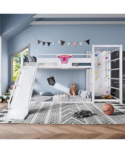Streamdale Furniture Loft Bed with Basketball Hoop Climbing Wall Slide and Bookshelves