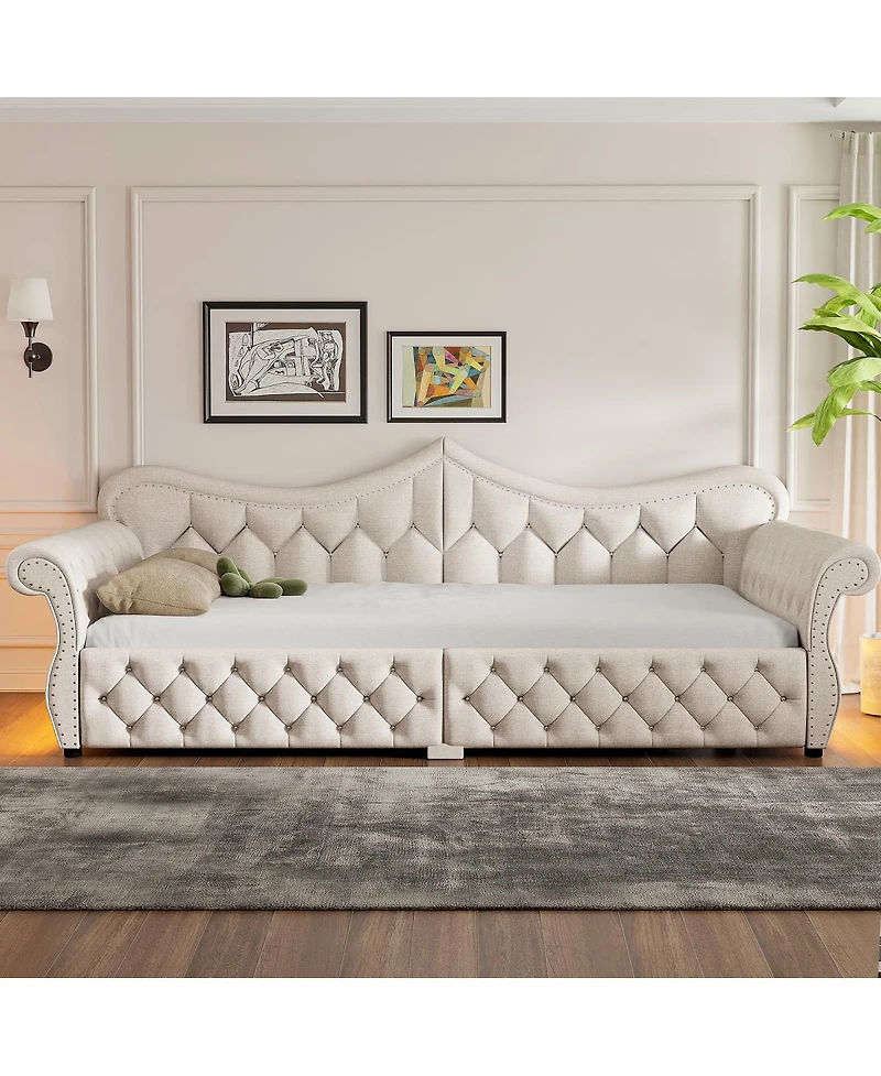 Streamdale Furniture Queen Size Upholstered Led Daybed with Nailhead Trim