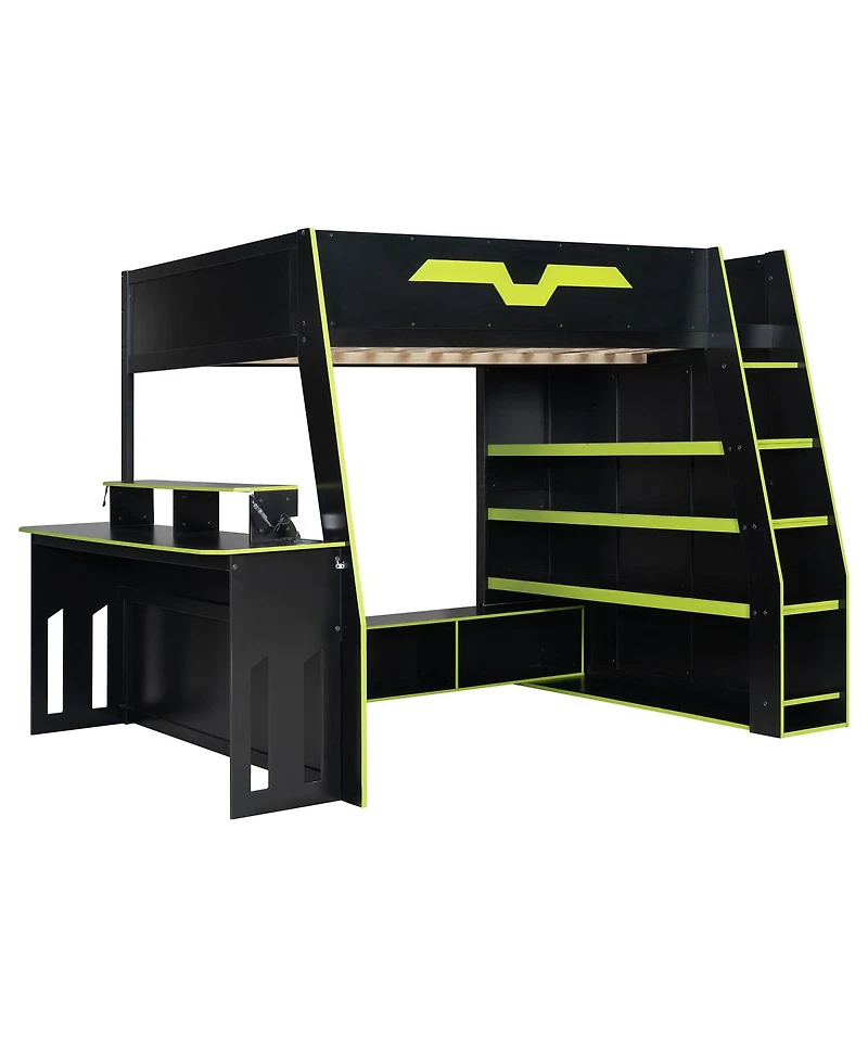 Streamdale Furniture Full Size Wood Loft Bed with Desk Storage Shelves and Rgb Lights