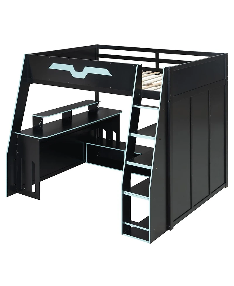Streamdale Furniture Full Size Wood Loft Bed with Desk Storage Shelves and Rgb Light
