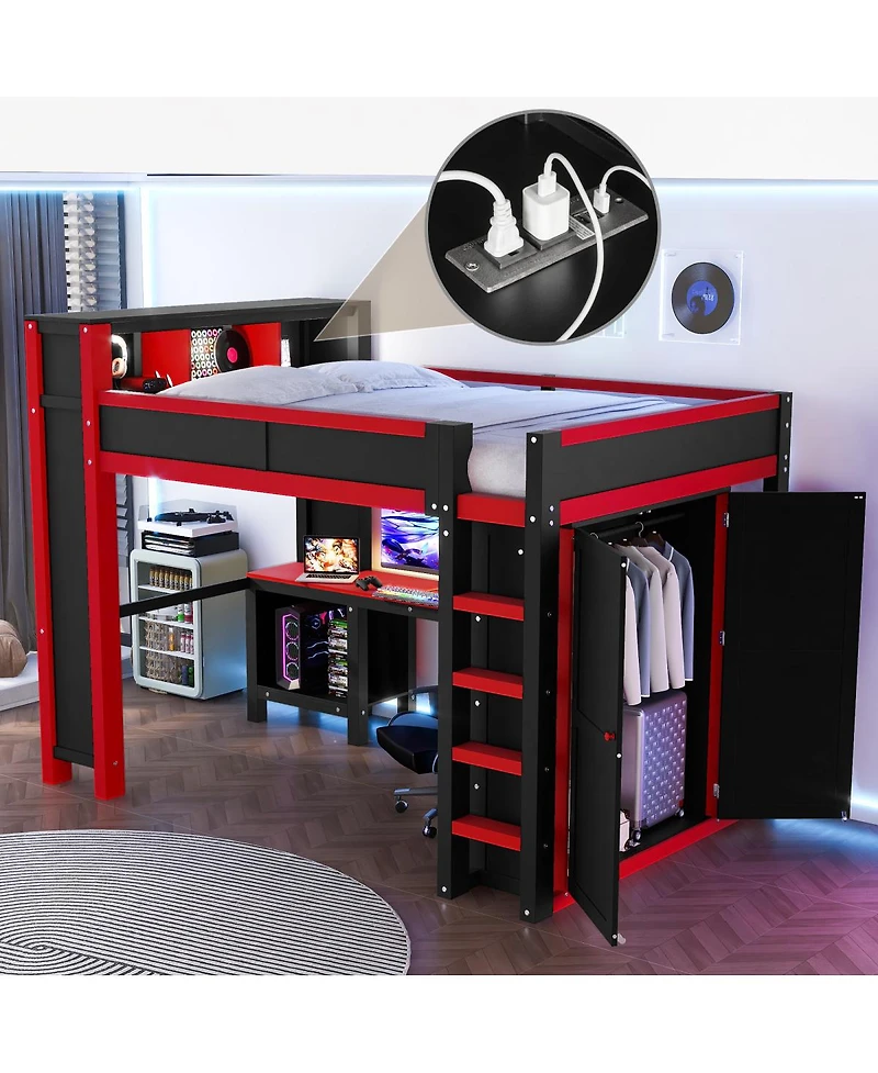 Streamdale Furniture Wooden Queen Loft Bed with Wardrobe Desk and Storage