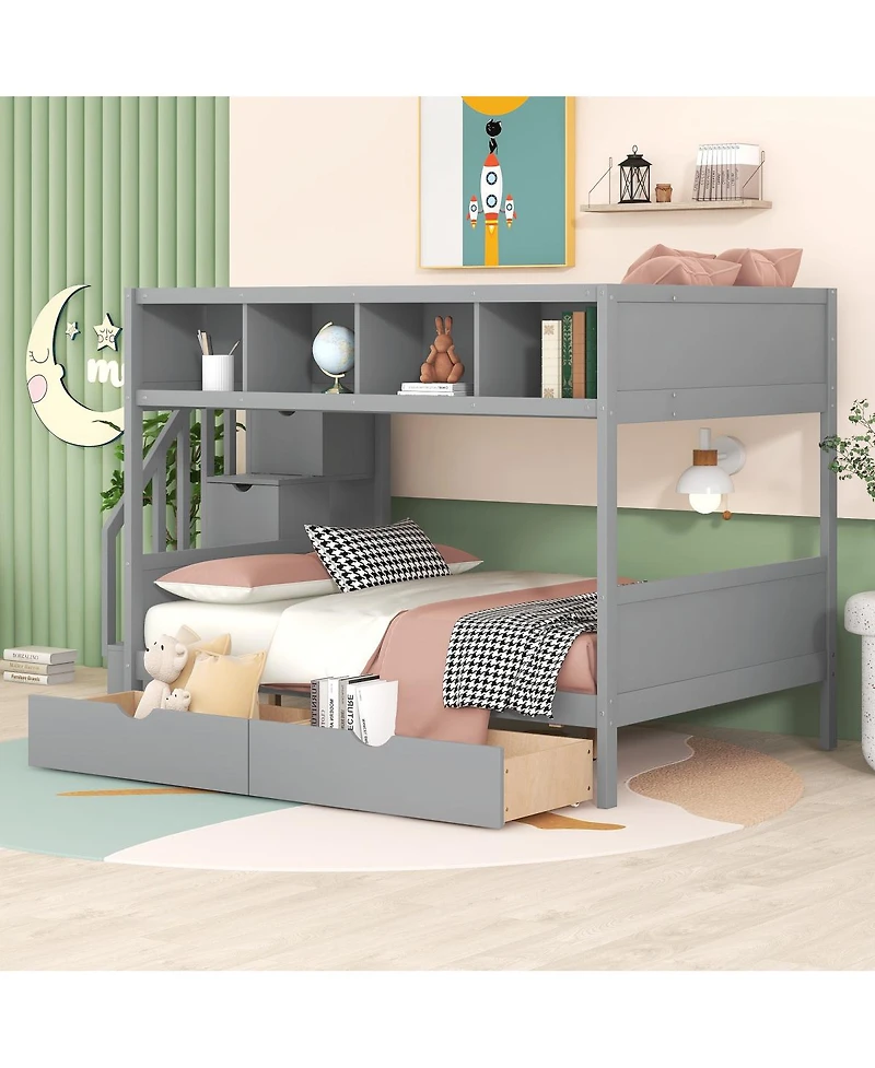 Streamdale Furniture Twin over Full Bunk Bed with Shelfs Storage Staircase and 2 Drawers