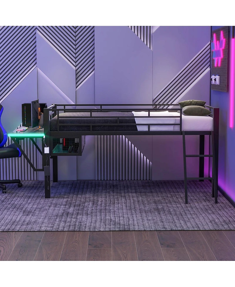 Streamdale Furniture Gaming mid loft bed with desk Led Twin